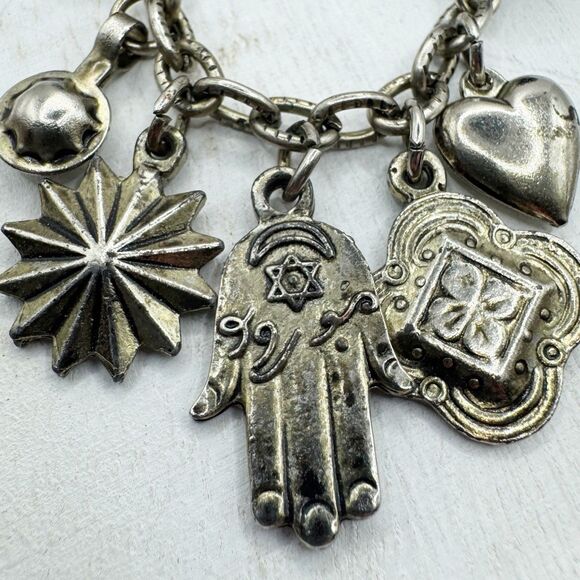 Vintage Jewish Hand of Hamsa Good Luck Charms Brooch Heart Love Star Of David - Picture 3 of 9
